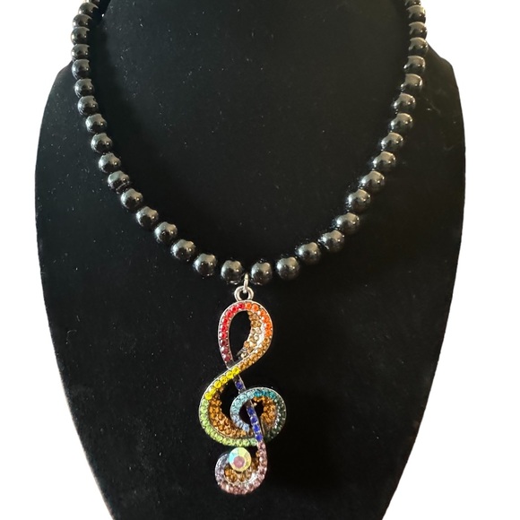 Rainbow Treble Clef, Music Pendant Charm Faux Black Pearl Beaded Necklace - Picture 1 of 9